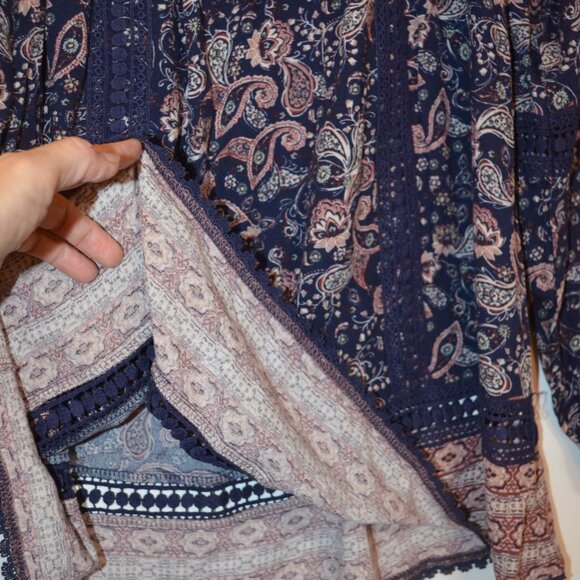 KNOX ROSE Rayon Cotton Lace Flare Peasant Style Boat-Neck Elastic Blouse XS - Picture 9 of 11